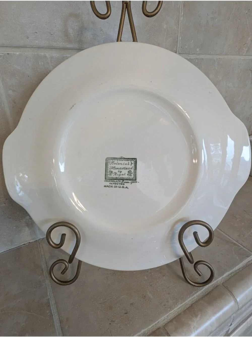 Vintage Colonial Homestead Handled Cake Plate Royal China Green Transferware
